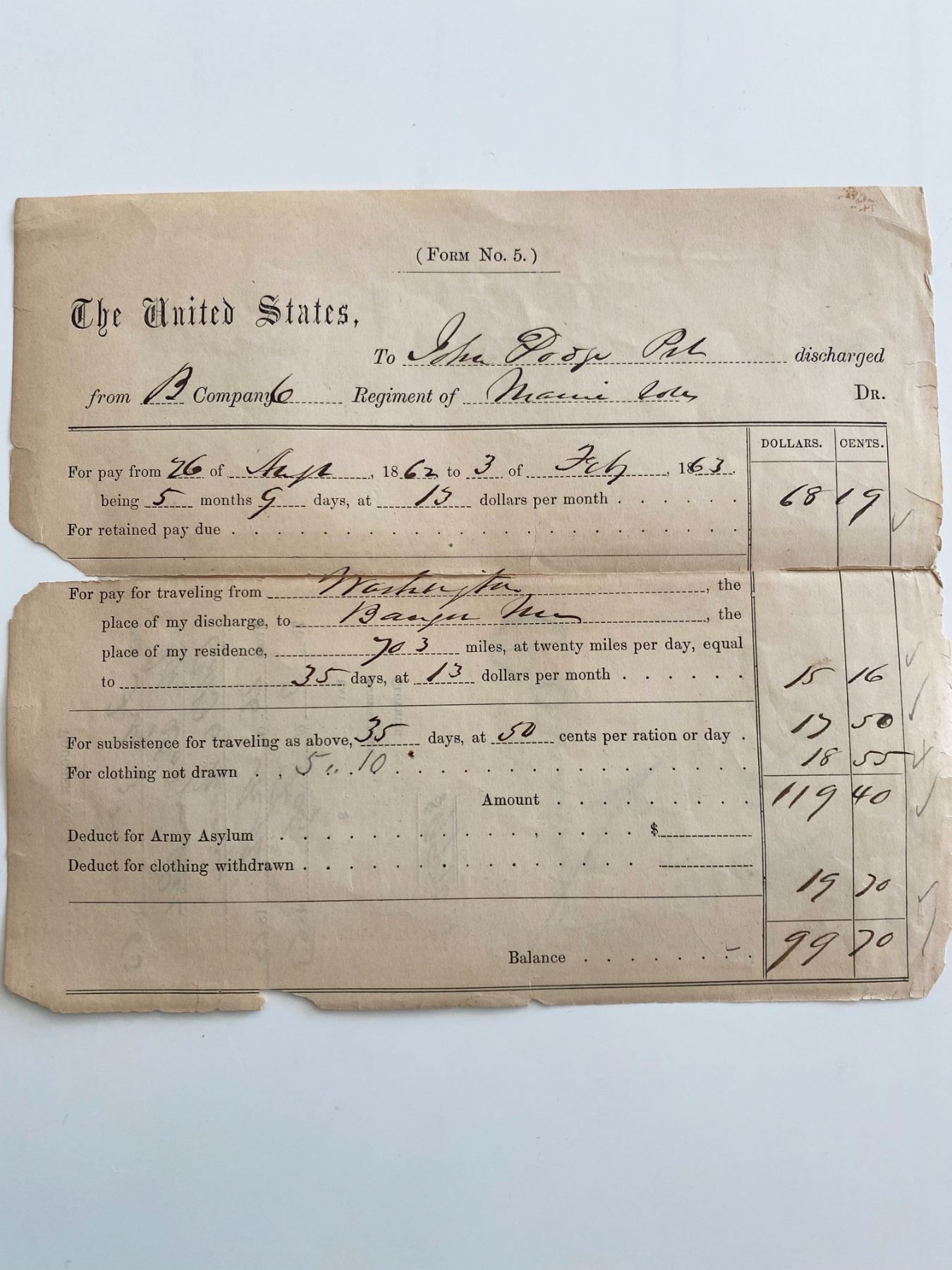 Invoice Usac United States Civil War Payment Invoice