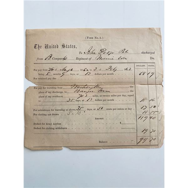 United States Civil War Payment Invoice