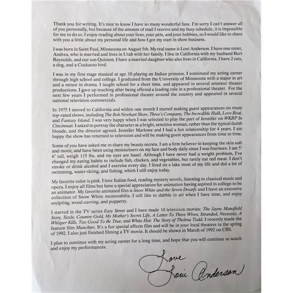 Loni Anderson Facsimile signed letter