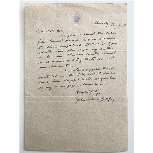 WWII British Military John Warren Godfrey Signed Hand Written Note
