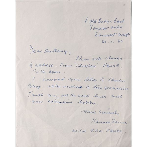 WW2 Military LT. Col. Hannes Faure signed letter