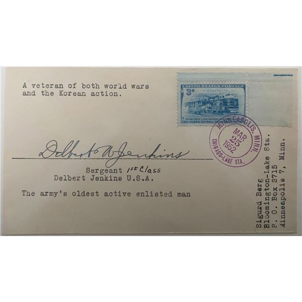 WWI, WWII and Korean War Veteran Sgt. Delbert Jenkins signed 1952 cover