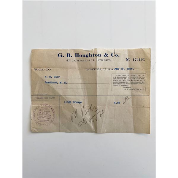 G.B. Houghton & Co. 1923 Boston Massachusetts Billhead