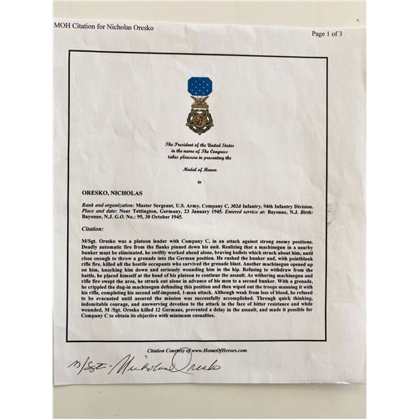 WWII Nicholas Oresko Signed Medal Of Honor Citation