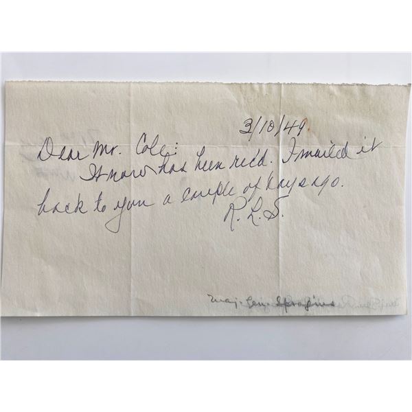 WWII Major General Robert R. Spragins Signed Hand Written Note