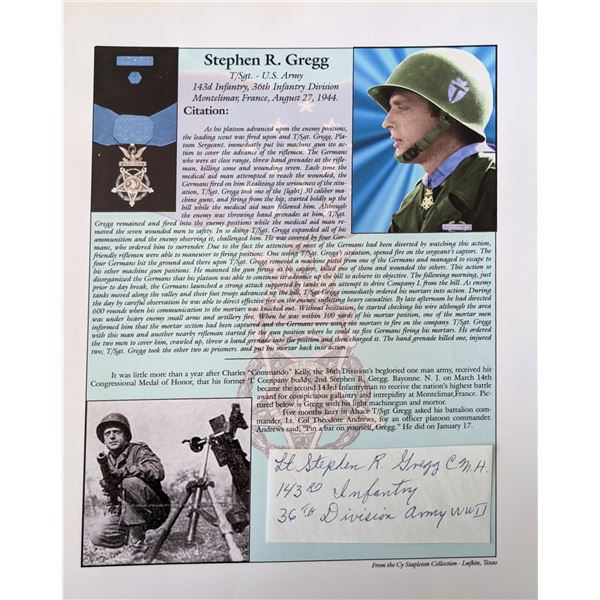 Medal Of Honor winner Stephen R. Gregg signed Citation