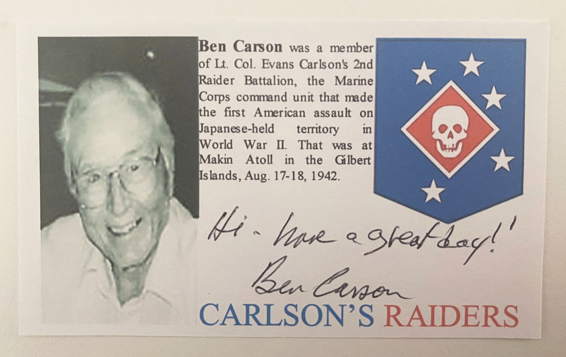 WWII Carlson's Raiders Ben Carson Signed Commemorative Card