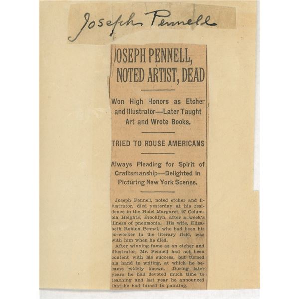 Rare Joseph Pennell original signature and newspaper clipping