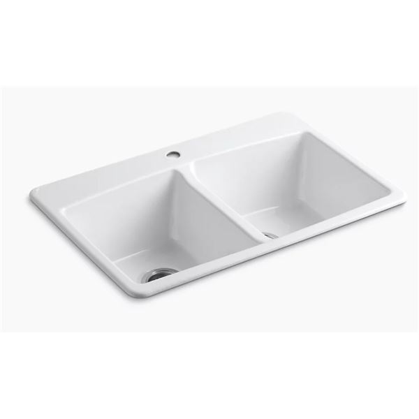 DISPLAY W/ DRAIN KOHLER BROOKFIELD DOUBLE SINK W/ 1 GRATE