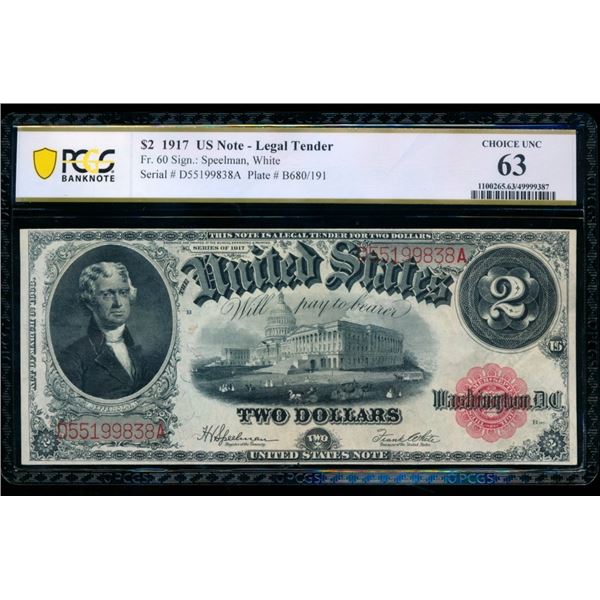 1917 $2 Legal Tender Note PCGS 63