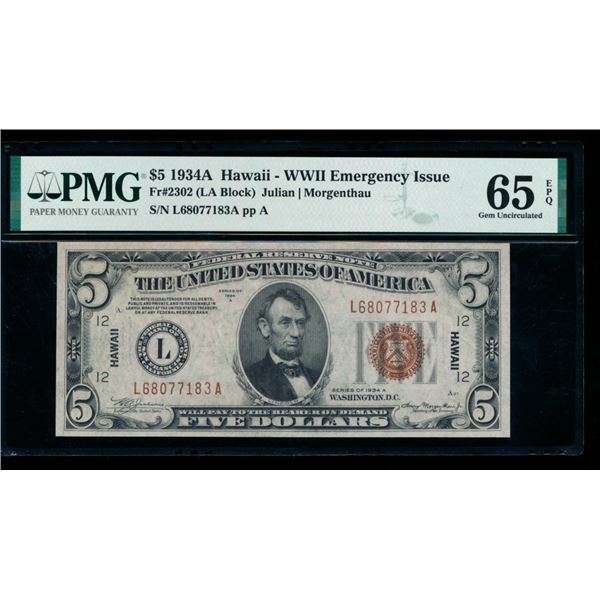1934A $5 Hawaii FRN PMG 65EPQ