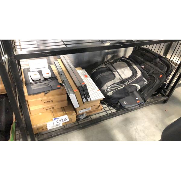 ASSORTED ITEMS INCLUDING MONITOR STANDS, INPUT DEVICES AND LAPTOP BAGS
