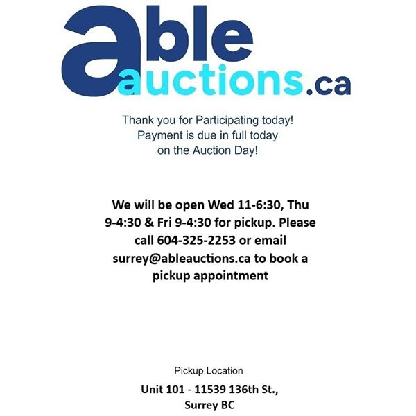 All items must be removed Wed 10-6:30, Thu 9-4:30 & Fri 9-4:30 for pickup