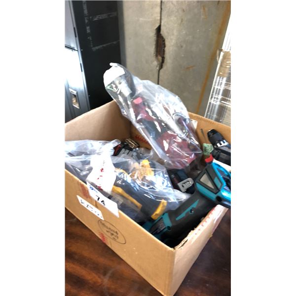 BOX OF ASSORTED CORDLESS TOOLS INCLUDING BOSCH, DEWALT, MAKITA AND MILWAUKEE