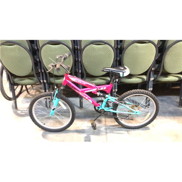 PINK/TEAL SUPERCYCLE MOMENTUM 5-SPEED FULL SUSPENSION KIDS MOUNTAIN BIKE