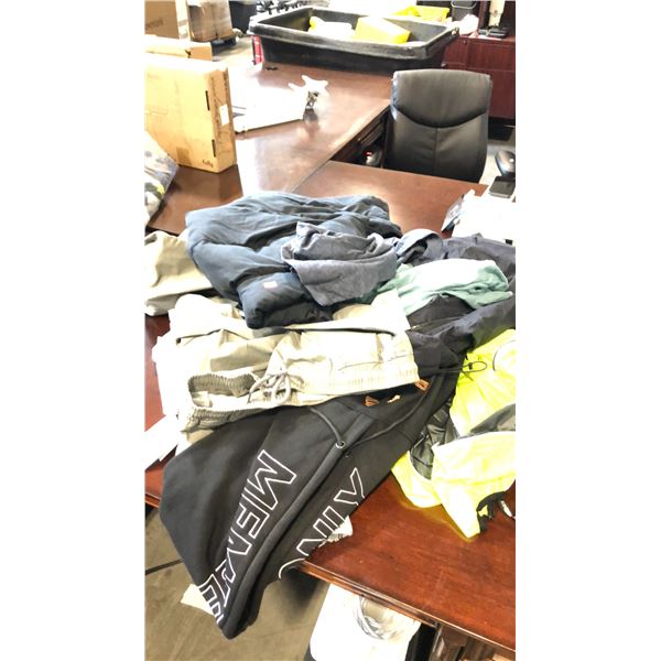 MIXED CLOTHING INCL MEMBERS ONLY SWEATER W/ HOOD, PANTS, SHIRTS, PUFFY VEST AND MORE