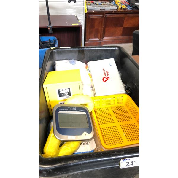 BIN OF MISC ITEMS INCL METAL YELLOW EMERGENCY BOX, DIGITAL CALENDAR, VINYL GLOVES AND MORE
