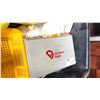 Image 2 : BIN OF MISC ITEMS INCL METAL YELLOW EMERGENCY BOX, DIGITAL CALENDAR, VINYL GLOVES AND MORE