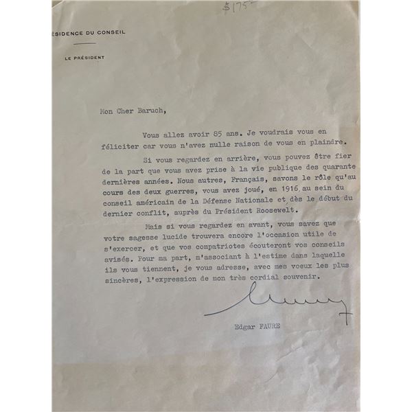 Prime Minister of France Edgar Jean Faure signed letter