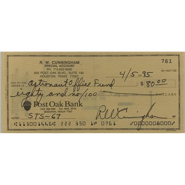 Apollo 7 Astronaut Walter Cunningham signed check