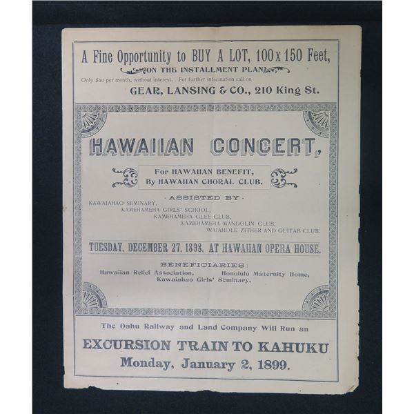 Hawaiian Concert Program 4 Pages Dated January 1899, 7.5" x 9"