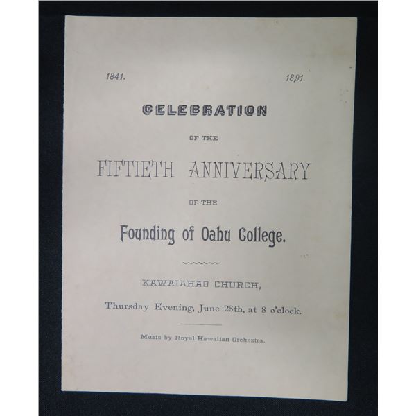 Invitation to Celebration of Oahu College, Kawaiahao Church Dated June 1891, 4.5" x 6"