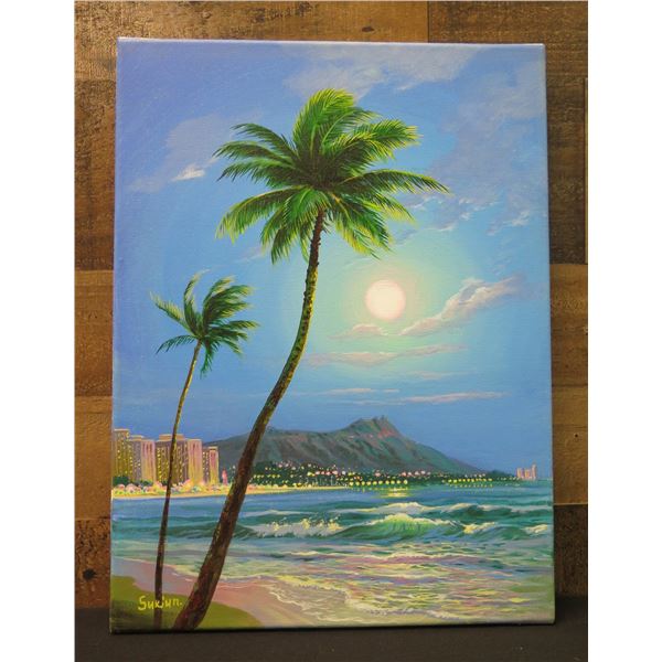 Hula Moon Over Diamond Head Oil on Canvas by Artist Sukjun, School of Daniel Kim Hawaii, Unframed 12
