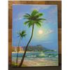 Image 1 : Hula Moon Over Diamond Head Oil on Canvas by Artist Sukjun, School of Daniel Kim Hawaii, Unframed 12