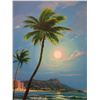 Image 2 : Hula Moon Over Diamond Head Oil on Canvas by Artist Sukjun, School of Daniel Kim Hawaii, Unframed 12