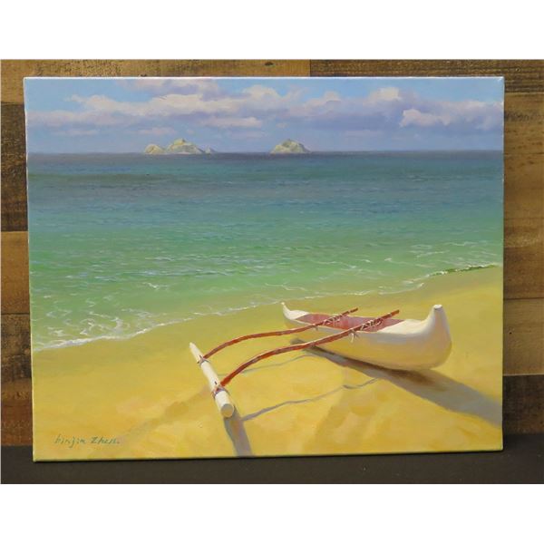 Outrigger Canoe w/ Mokulua Islands Oil on Canvas by Artist Binjim Zhen, School of Daniel Kim Hawaii,
