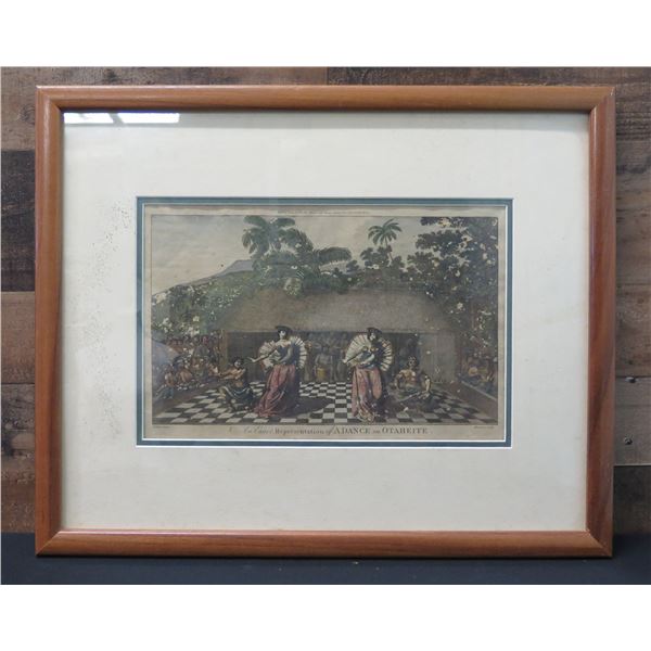 Original 18th Century Hand-Painted Print by Webber of Dance in Otaheite (Tahiti), Koa Framed 22" x 1