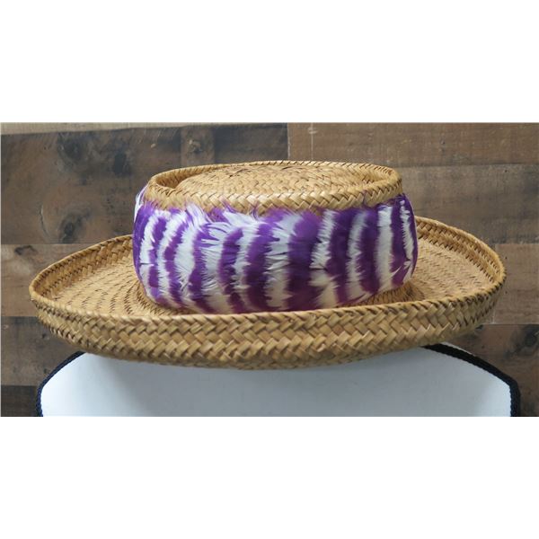 Hand-Sewn Hawaiian Feather Hatband Lei, Purple & White 25" x 3"W (Hat Not Included)