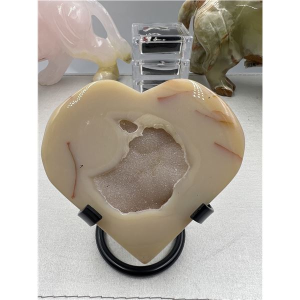 3.1 INCH AGATE SLICE  HEART WITH DRUZY