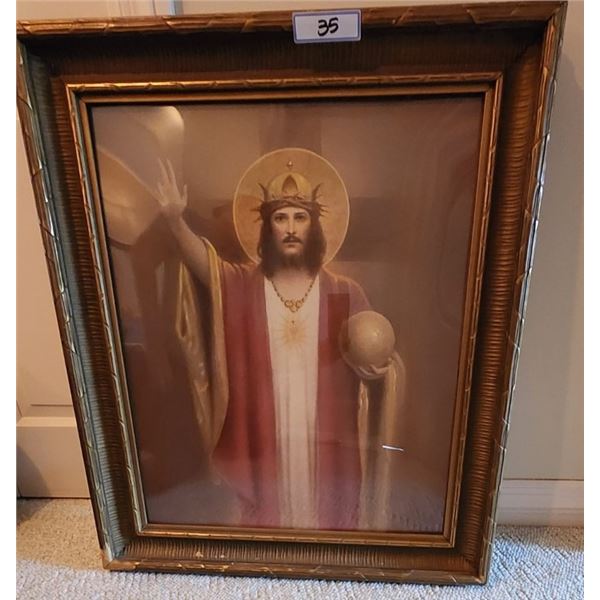 Christ the King Print with Ornate Gilt Frame & RARE Blown Out Glass
