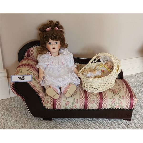 Porcelain Doll, Chaise Lounger, 4 Porcelain Babies with Mother in Wicker Cradle
