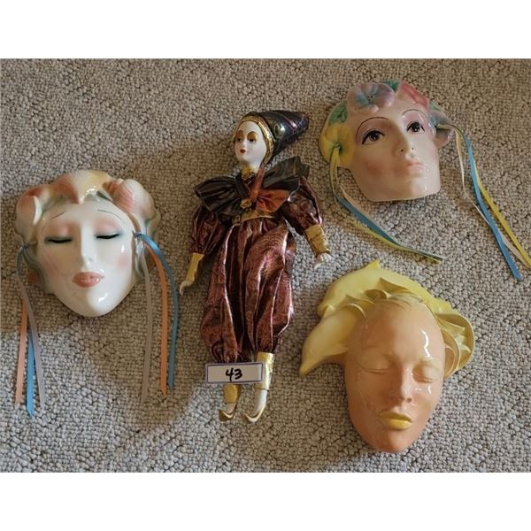 Vintage Porcelain Jester, Ceramic Art Clay Masks