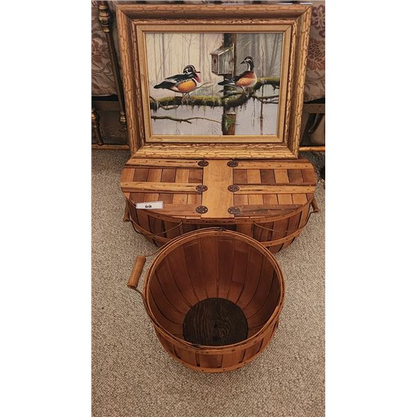 Wood Ducks Perched on a Branch Oil Painting on Canvas by Richards & Vintage Wooden Picnic Basket
