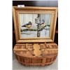 Image 4 : Wood Ducks Perched on a Branch Oil Painting on Canvas by Richards & Vintage Wooden Picnic Basket