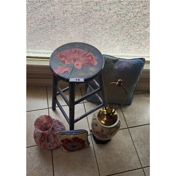 Handpainted Stool, Glass Vase, 2 Decorative Pillows & Lamp