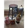 Image 2 : Handpainted Stool, Glass Vase, 2 Decorative Pillows & Lamp