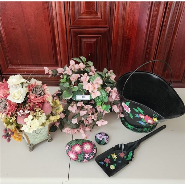 Handpainted Coal Bucket & Shovel, 2 Handpainted Rocks & 2 Artificial Flower Arrangements