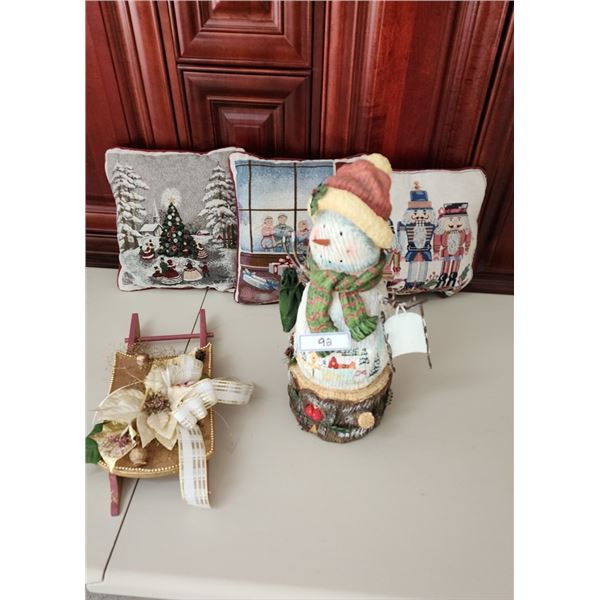 3 Holiday Christmas Pillows, Sleigh, Country Snowman 18" Tall