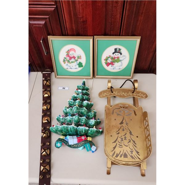 Ceramic Hanging  Light Up Christmas Tree, Metal Sled, Bell Hanger, Handmade Snowmen, Pictures