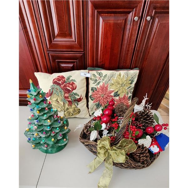 Ceramic Light Up Christmas Tree, Wicker Christmas Basket, 2 Christmas Decor Pillows