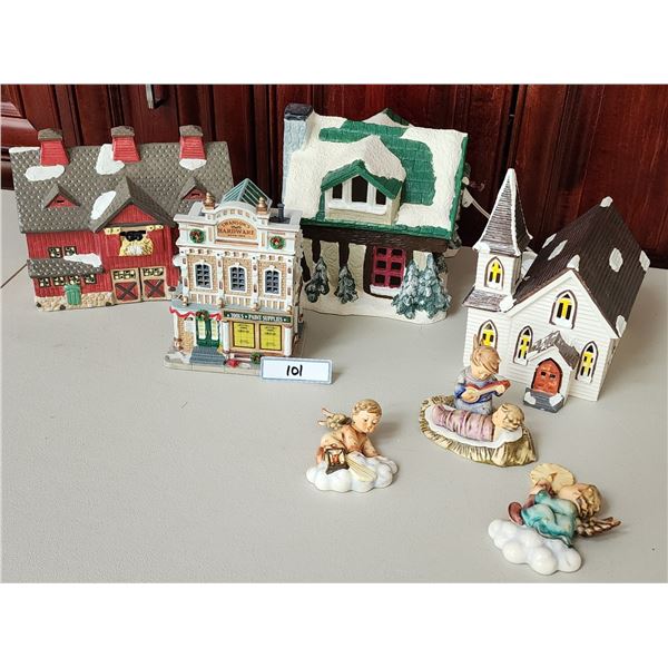 Ceramic Village & 3 Goebel Ornaments