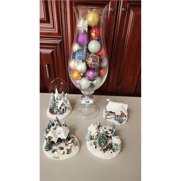 Christmas Balls in Glass Container plus 4 piece Christmas Village