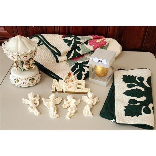 Quilted Blanket & Pillowcase & Christmas Collectibles