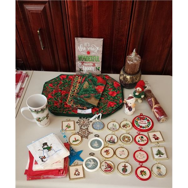 Candles, Candle Holder, Placemats, Napkins Figurines, Cross Stitch Ornaments, Christmas Mugs