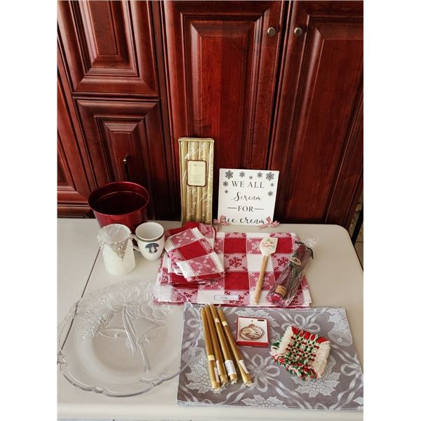 Placemats & Napkins, Bell Platter, Silver Placemats, Assorted Candles/mugs, Handmade Coasters