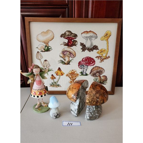 Handcrafted Framed Mushroom Needlepoint Picture, Marble Mushroom Bookends, Fairytale Mush Lady
